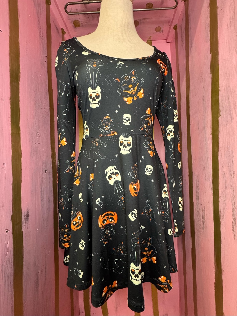 NWT Sourpuss Halloween Skater Dress Pumpkins, Skulls & Black Cats Oh My!